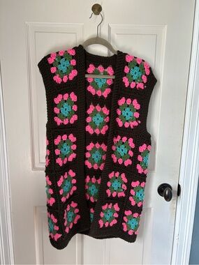 Handmade Crochet Vest in Brown with Pink & Teal Squares